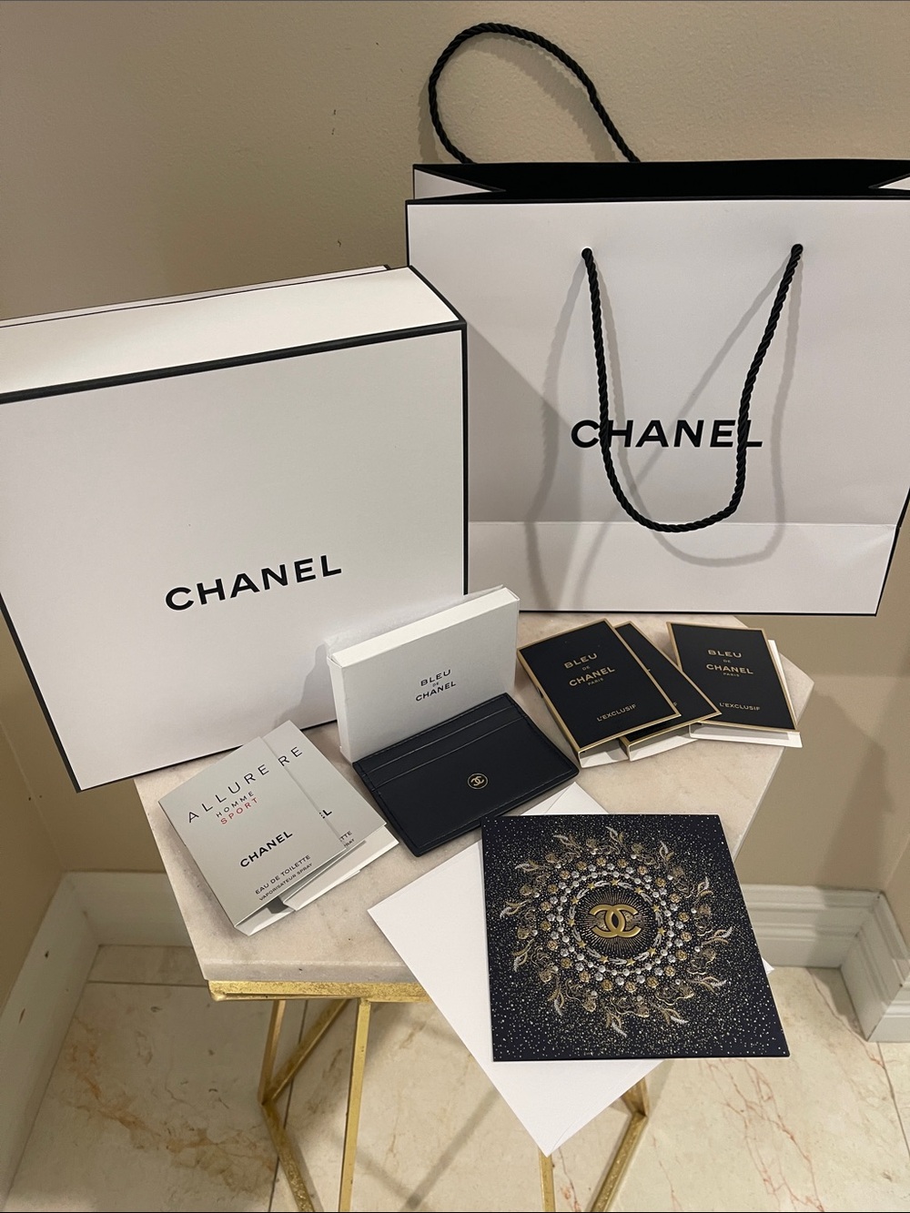 CHANEL Men’s Black Wallet & White Gift Presentation Set with Navy Accents